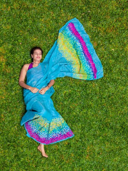 Calyz Blue Linen Saree with Collage Technique - Image 11